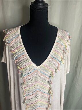 Z&L Europe Light Cream V-Neck Cover Up Tunic with Pastel Stitching and fringe